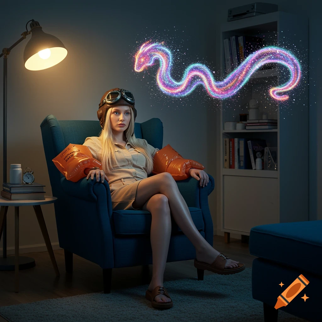 A woman in a pilot's helmet and orange armbands sits in a blue armchair, looking at a glowing, sparkling snake floating above her. The scene is indoors with a lamp and bookshelf.