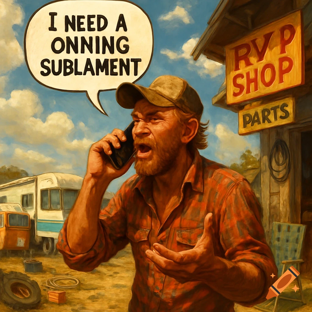 A man in a plaid shirt and hat talks angrily on a phone at an RV shop, with a speech bubble saying 'I NEED A ONNING SUBLAMENT'.