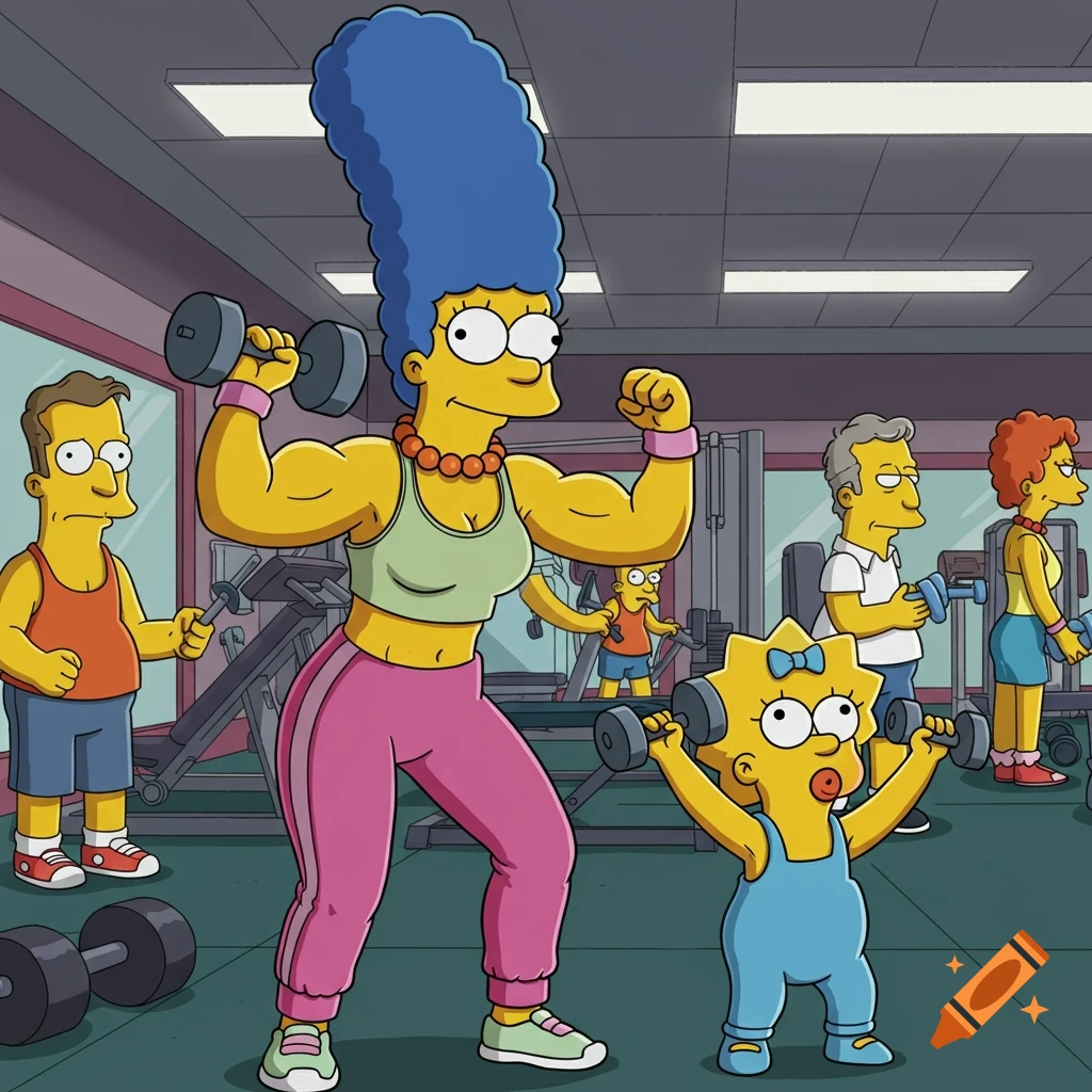 Marge and Maggie Simpson flex their muscles at a gym, cartoon style.