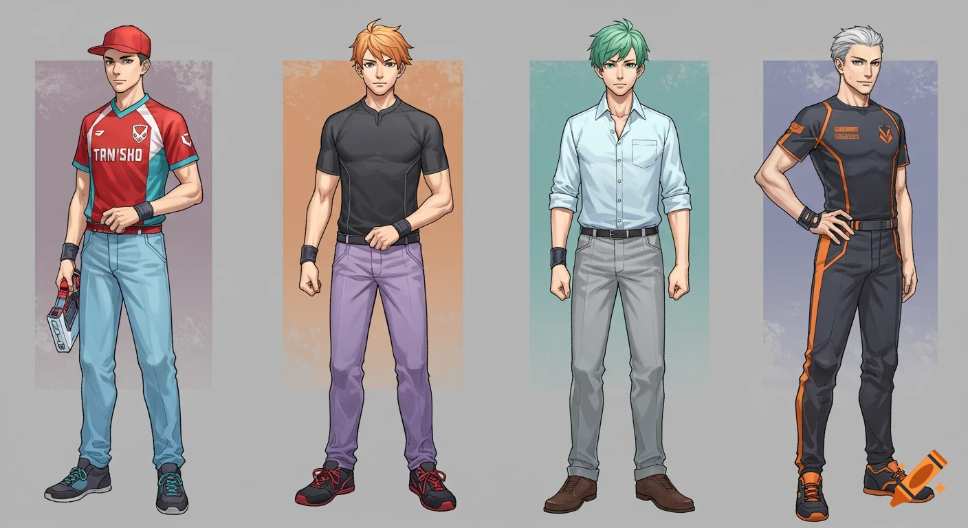Four anime-style male characters in athletic and casual outfits, standing in a line.