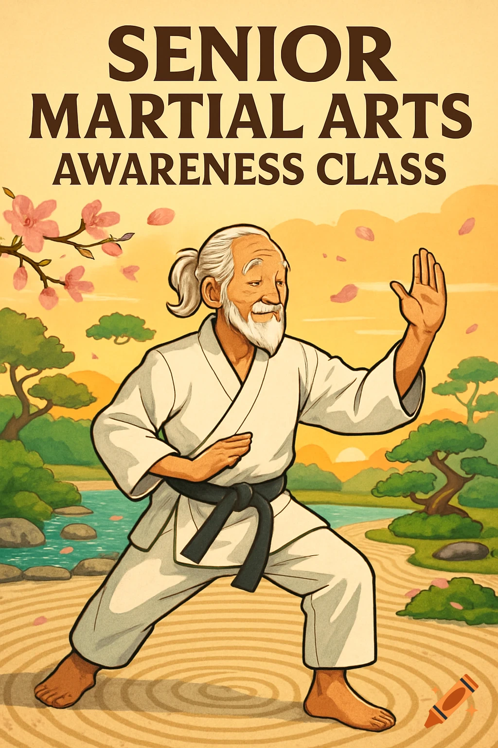 Illustration of a senior man in a white gi and black belt practicing martial arts, with text "SENIOR MARTIAL ARTS AWARENESS CLASS" above him.