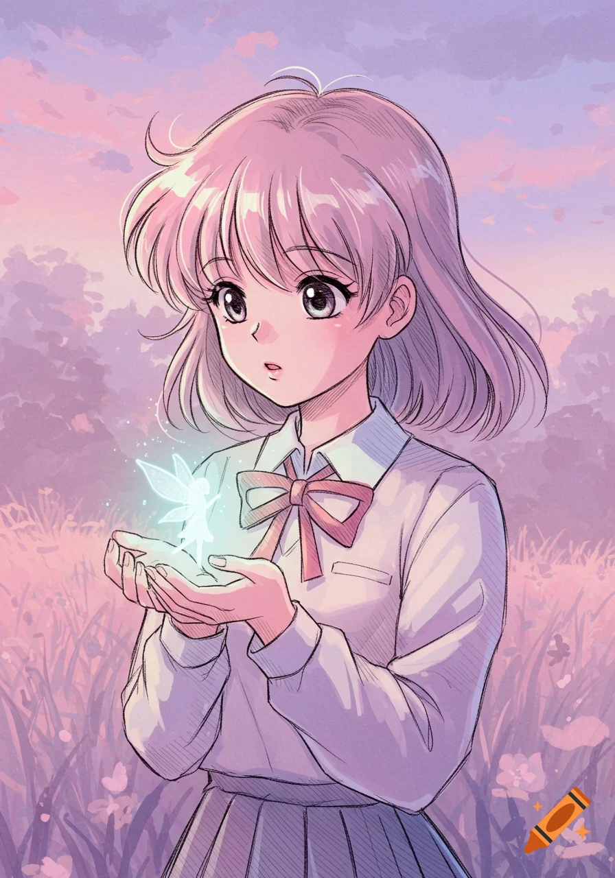 A 90s anime girl with pink hair, wearing a school uniform, holds a glowing ethereal fairy in her cupped hands, set against a pastel sunset background.