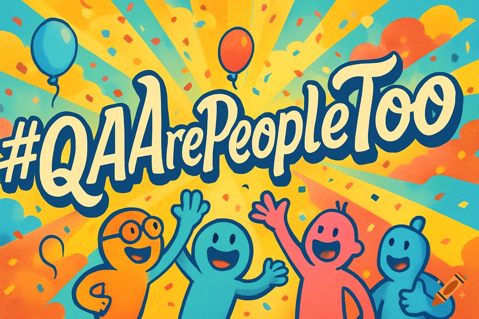Colorful cartoon banner with '#QAArePeopleToo' text, confetti, balloons, and four happy stick-figure-like characters waving.