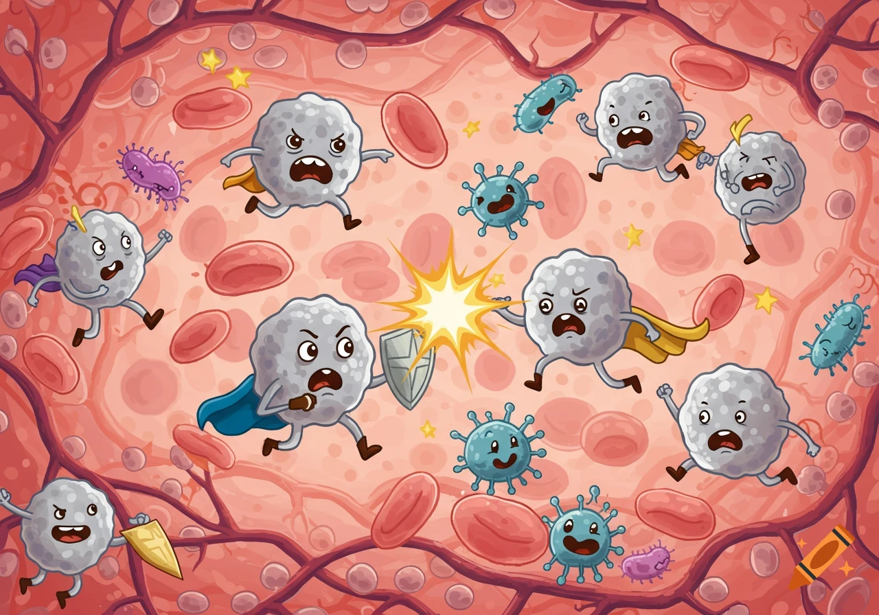 Cartoon illustration of white blood cells battling viruses and bacteria in a blood vessel, with red blood cells surrounding them.