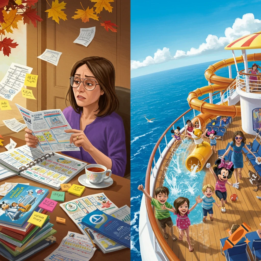 A split illustration shows a stressed woman planning on the left and a happy family on a Disney cruise with water slides on the right.