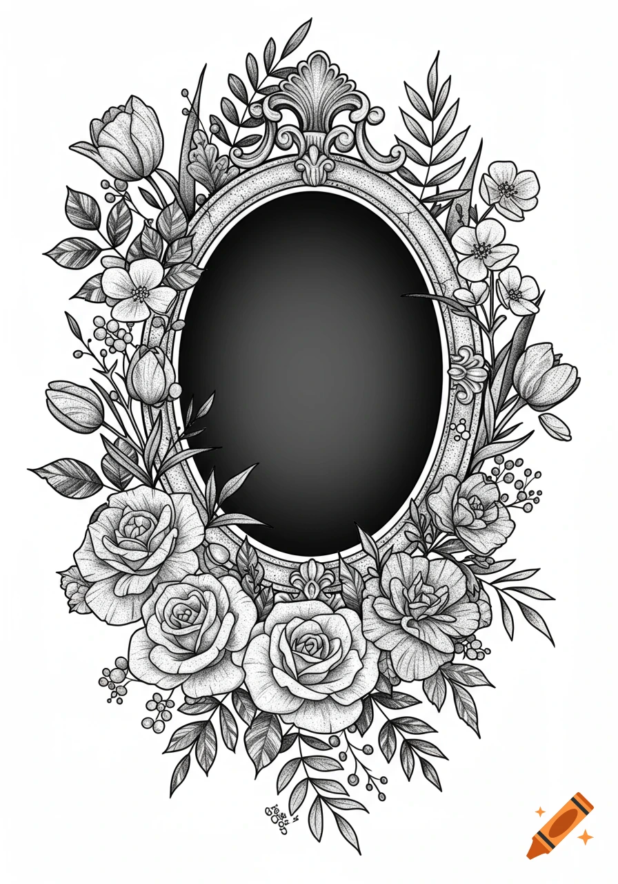 A black and white illustration of an ornate oval frame surrounded by roses, tulips, buttercups, and foliage, in a gothic botanical tattoo style.
