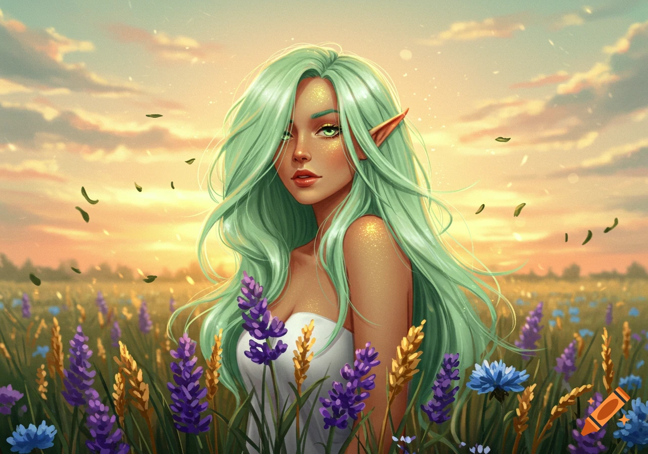 A fantasy portrait of an elf-like woman with long, flowing light green hair and pointed ears, in a flower field at sunset.