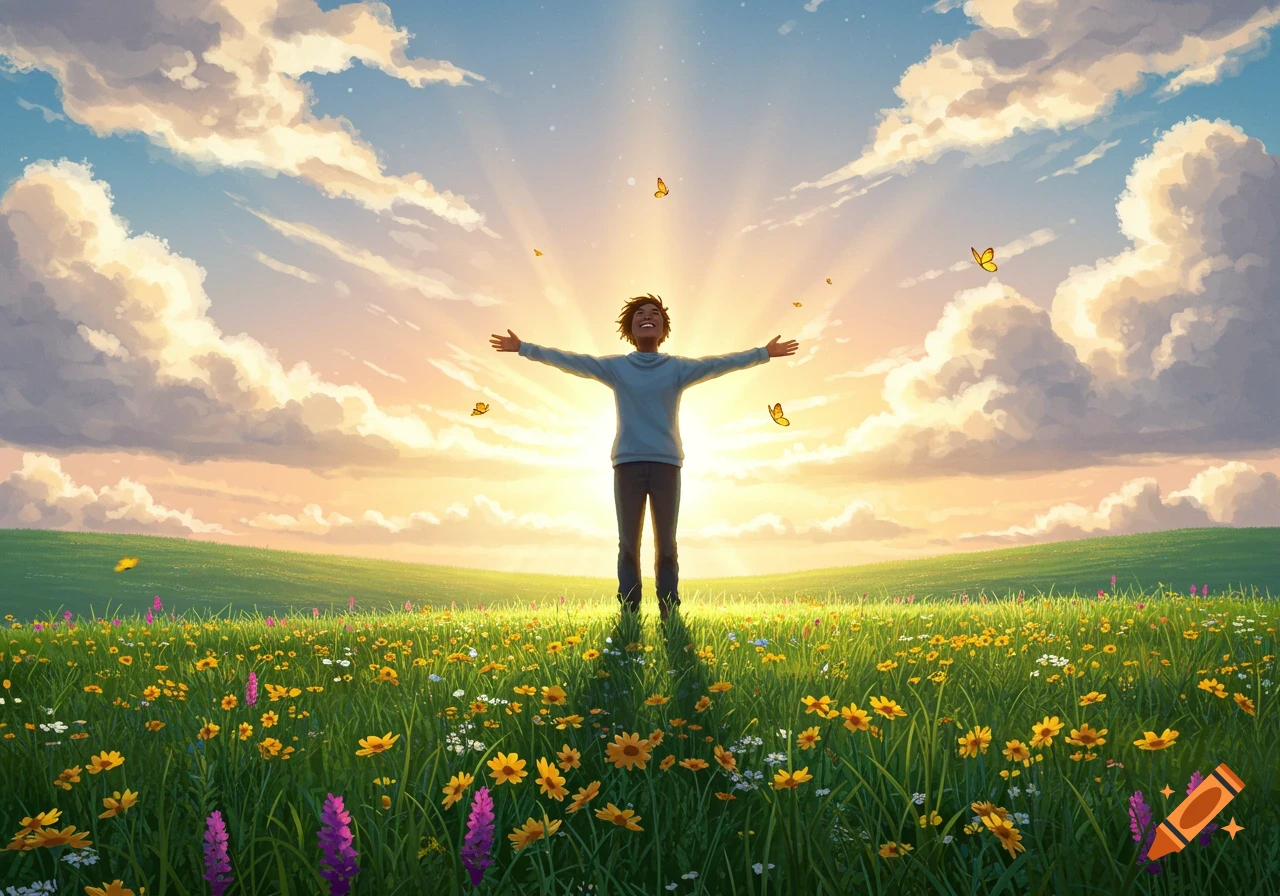 A happy person with arms outstretched stands in a vibrant field of flowers under a bright, cloudy sky with butterflies, in an illustrative style.