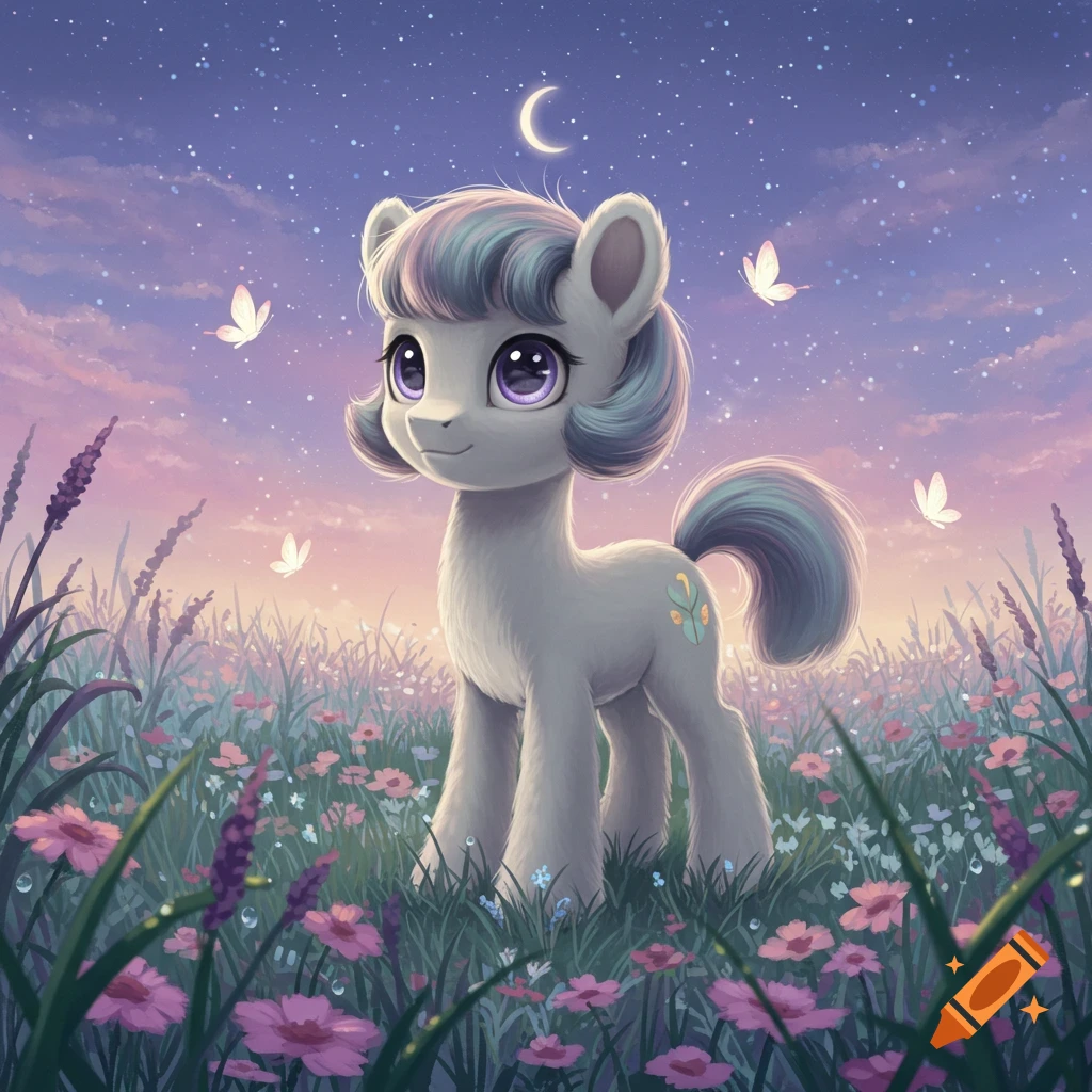 A cute, grey pony with a pastel mane stands in a field of pink and purple wildflowers under a starry twilight sky with a crescent moon and butterflies.