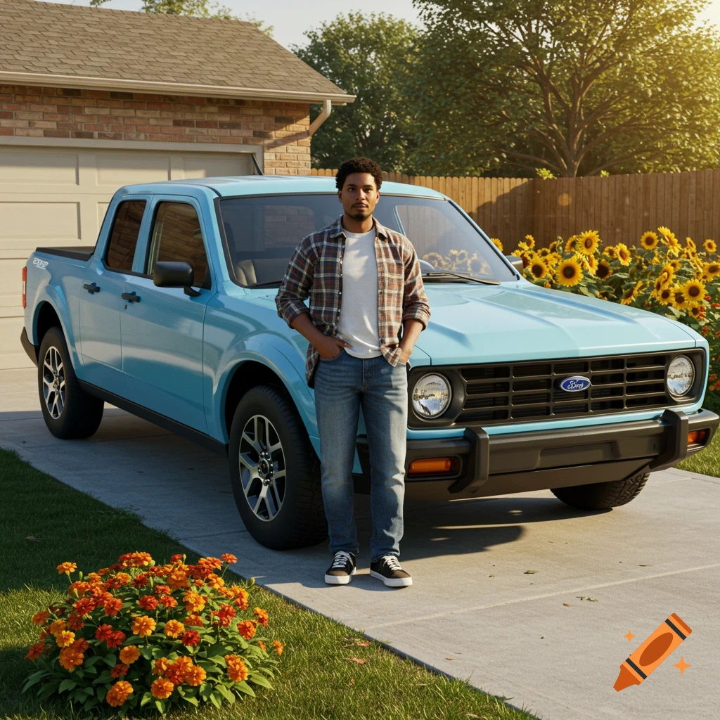 A man stands in a driveway beside a light blue Ford pickup truck, with sunflowers in the background, in a photorealistic style.