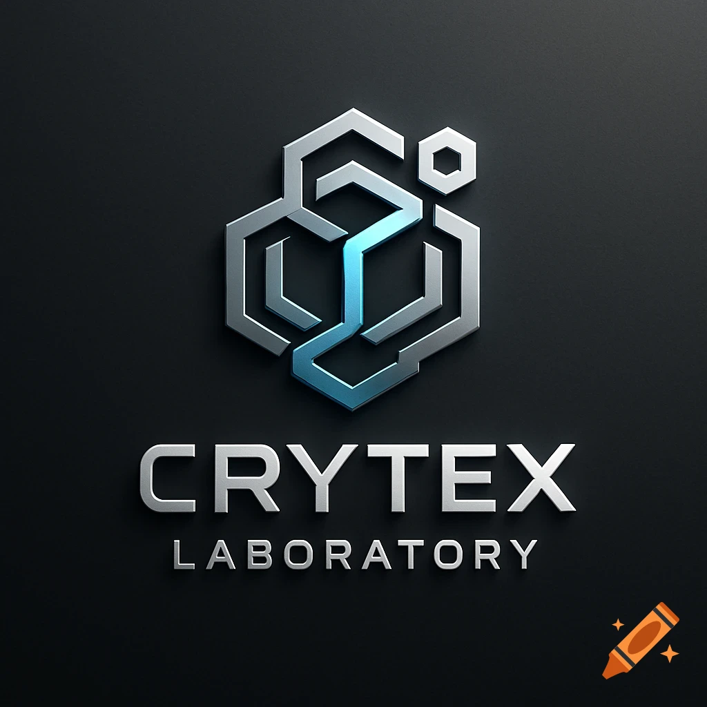 A metallic grey and light blue abstract hexagonal logo with the words 'CRYTEX' and 'LABORATORY' in silver text below it, on a dark grey background.