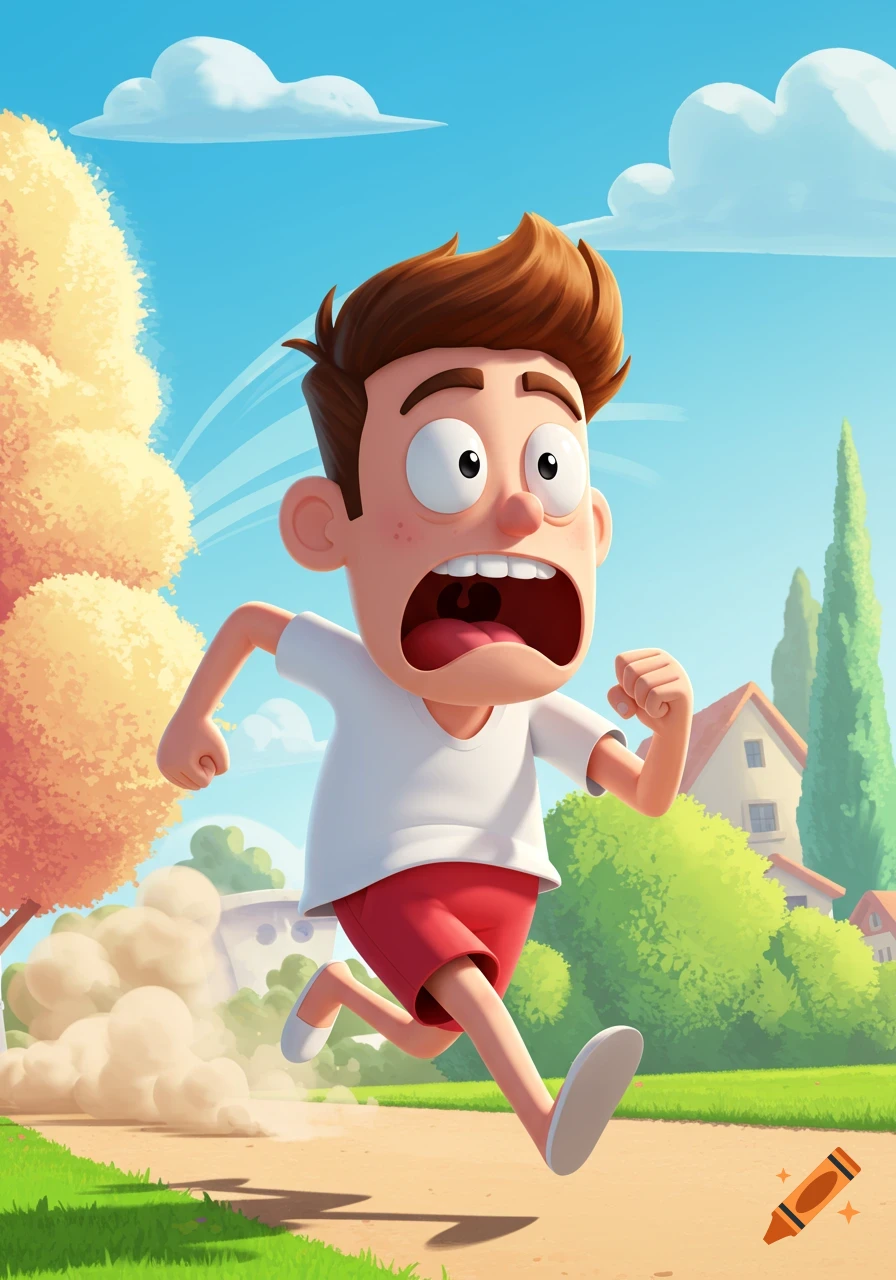 A cartoon boy with a worried expression runs forward on a path, kicking up dust, in a suburban neighborhood.