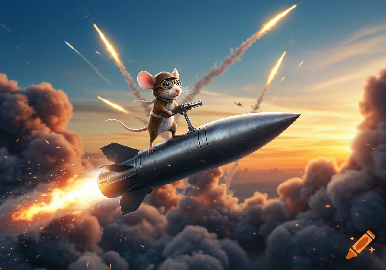 A heroic cartoon mouse wearing goggles rides a rocket through an explosive sky with fiery trails, cinematic digital art.