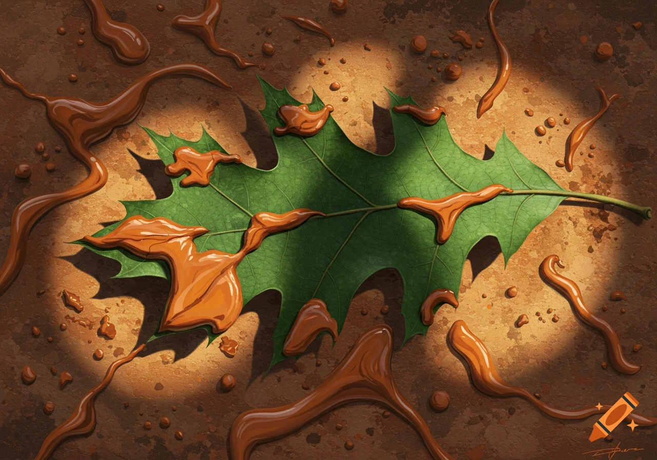 A green oak leaf on brown ground with splatters and trails of a thick, reddish-brown substance.