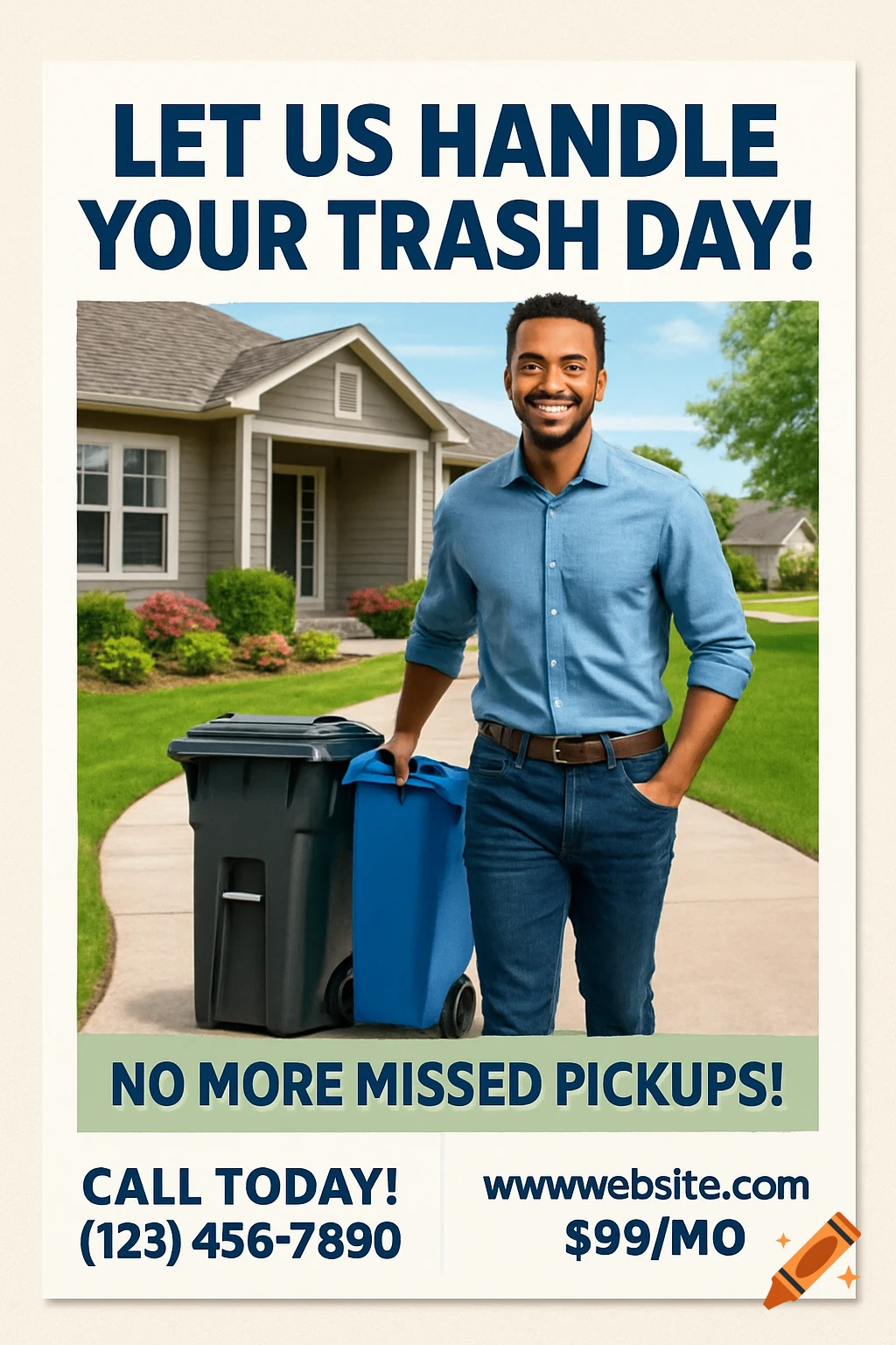A smiling man stands in front of a suburban house with a green and a blue trash bin. The image is a flyer with text promoting trash day services.