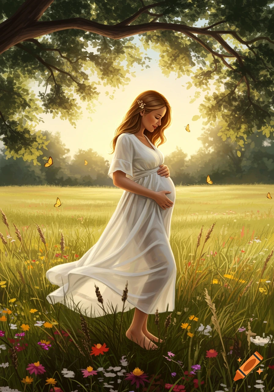 An illustrated serene image of a pregnant woman in a white dress standing barefoot in a sunny field, gently holding her belly. Butterflies flutter around her.