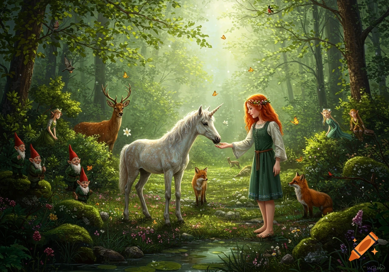 A red-haired girl pets a unicorn in a magical sunlit forest, surrounded by gnomes, elves, deer, foxes, and butterflies.