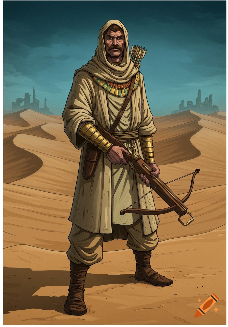 A man in desert robes and a hood, with a mustache, holds a crossbow in a sandy desert landscape with distant ruins, in a comic book style.