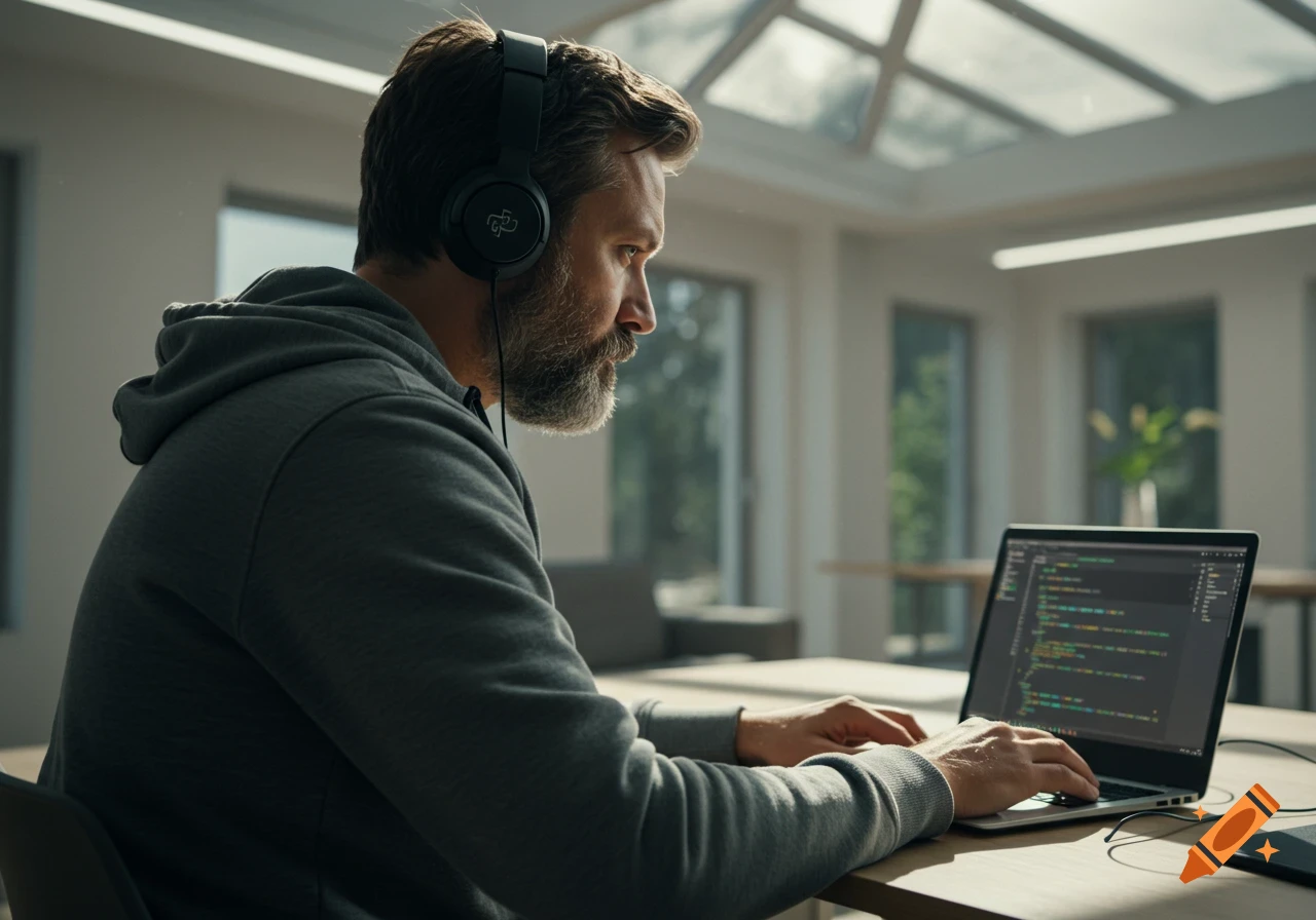 A bearded man in a hoodie and headphones sits at a desk, typing code on a laptop in a bright room with a sunroof.