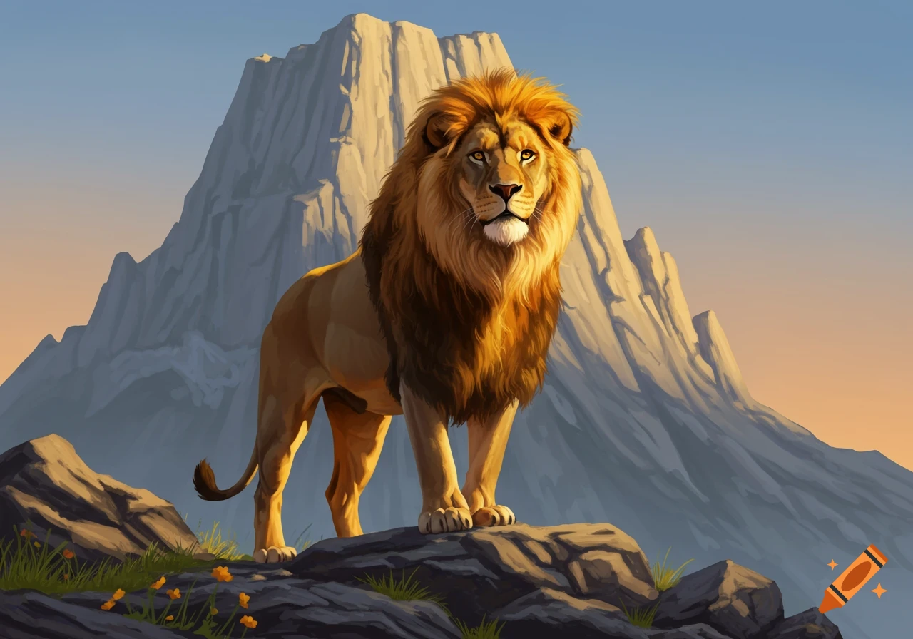 A majestic male lion with a golden mane stands proudly on a rocky peak with towering mountains in the background at sunrise.