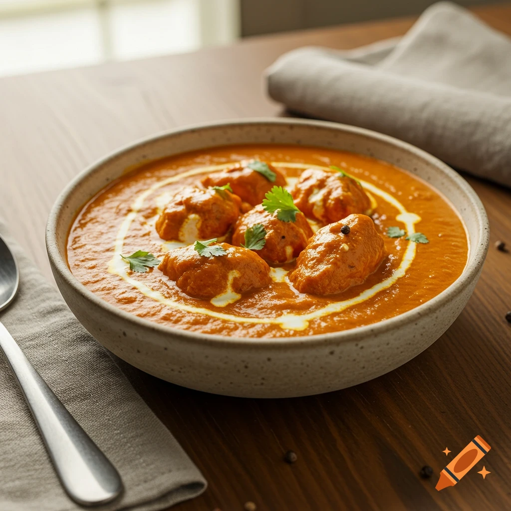 A photorealistic close-up of a bowl of butter chicken with cream and cilantro, on a wooden table.