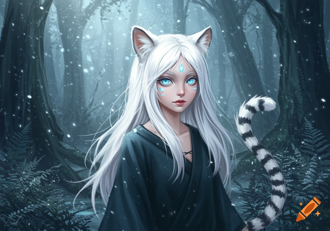 A fantasy illustration of a girl with white hair, blue eyes, white tiger ears, and a striped tail in a snowy forest.