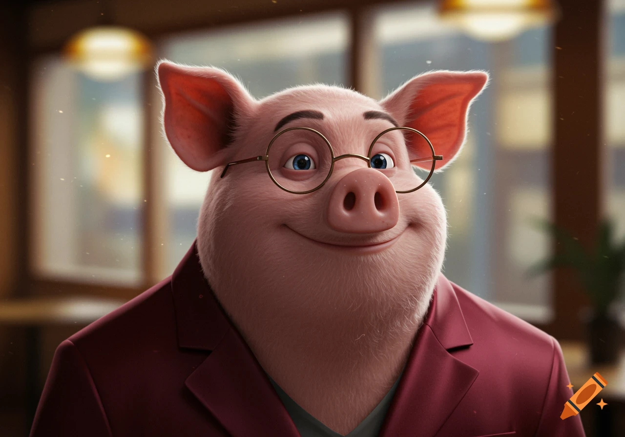 A smiling anthropomorphic pig wearing round glasses and a maroon blazer in an indoor setting.