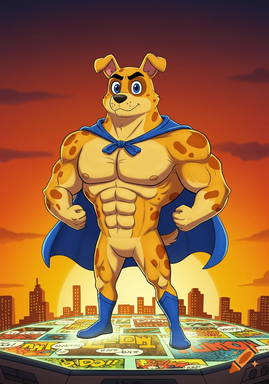 A muscular, spotted superhero dog in a blue cape and boots stands on a comic book-themed surface, with a city skyline at sunset.