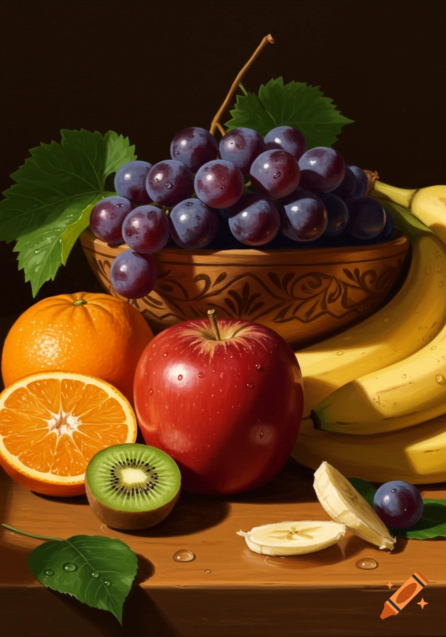 A vibrant still life of red grapes in a bowl, a red apple, an orange, a sliced orange, a sliced kiwi, and bananas on a wooden surface.