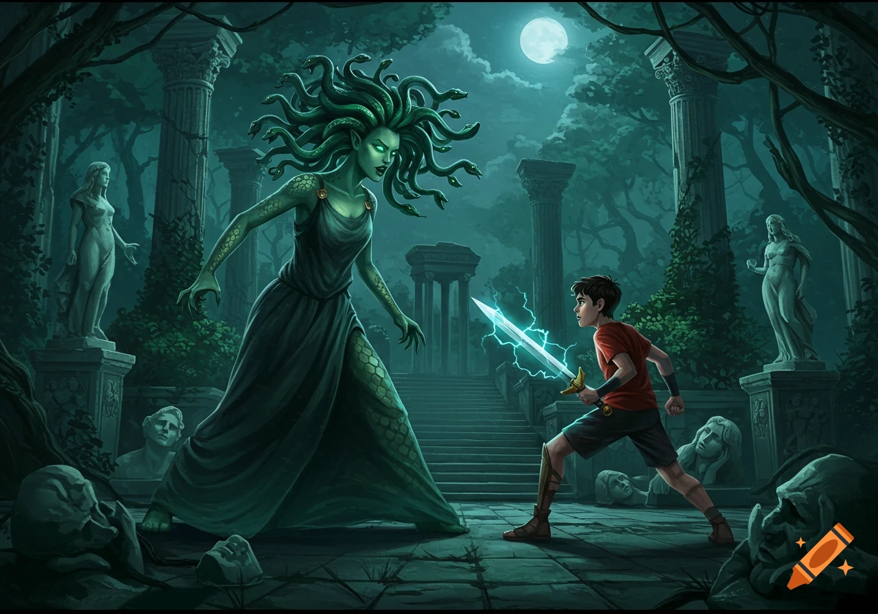 Medusa with snake hair confronts Percy Jackson wielding a glowing sword in moonlit ancient ruins.