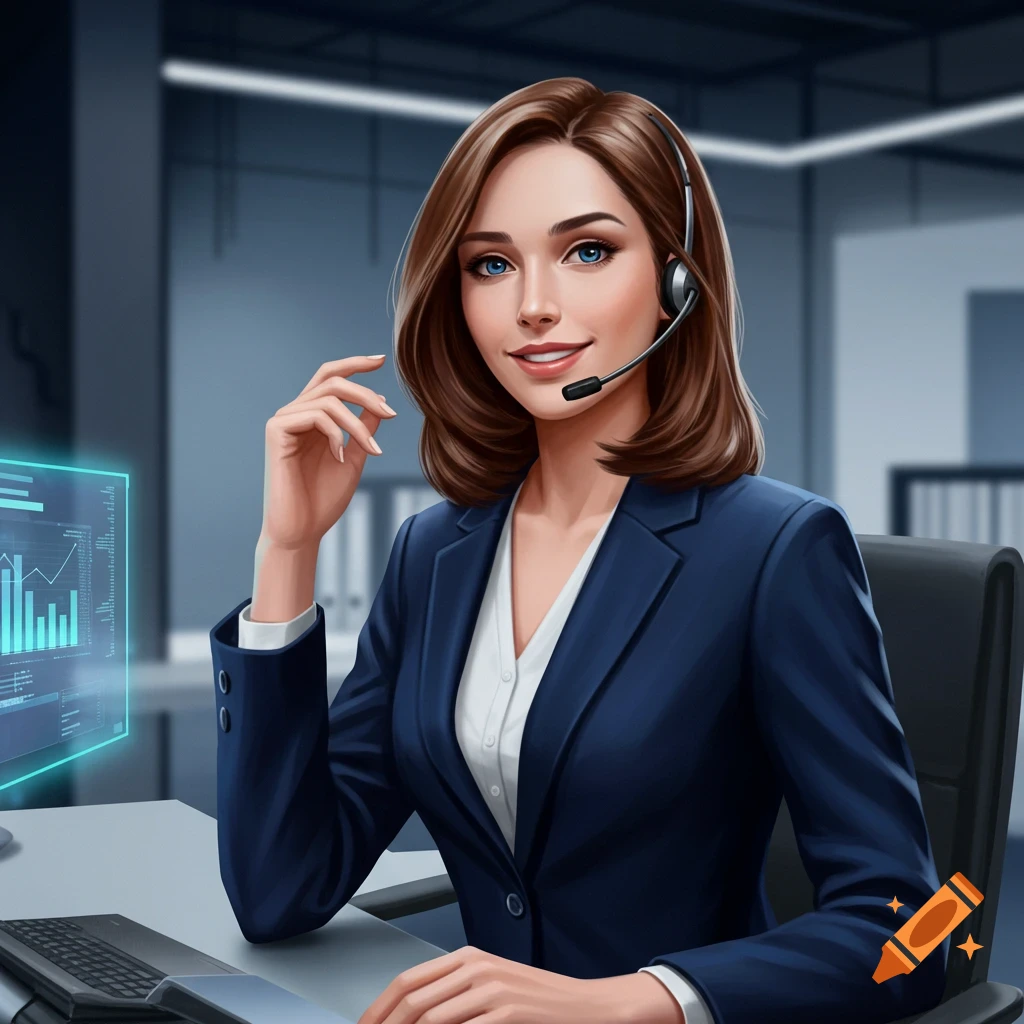 A smiling woman with a headset sits at a desk with a holographic screen in a modern office, digital art.