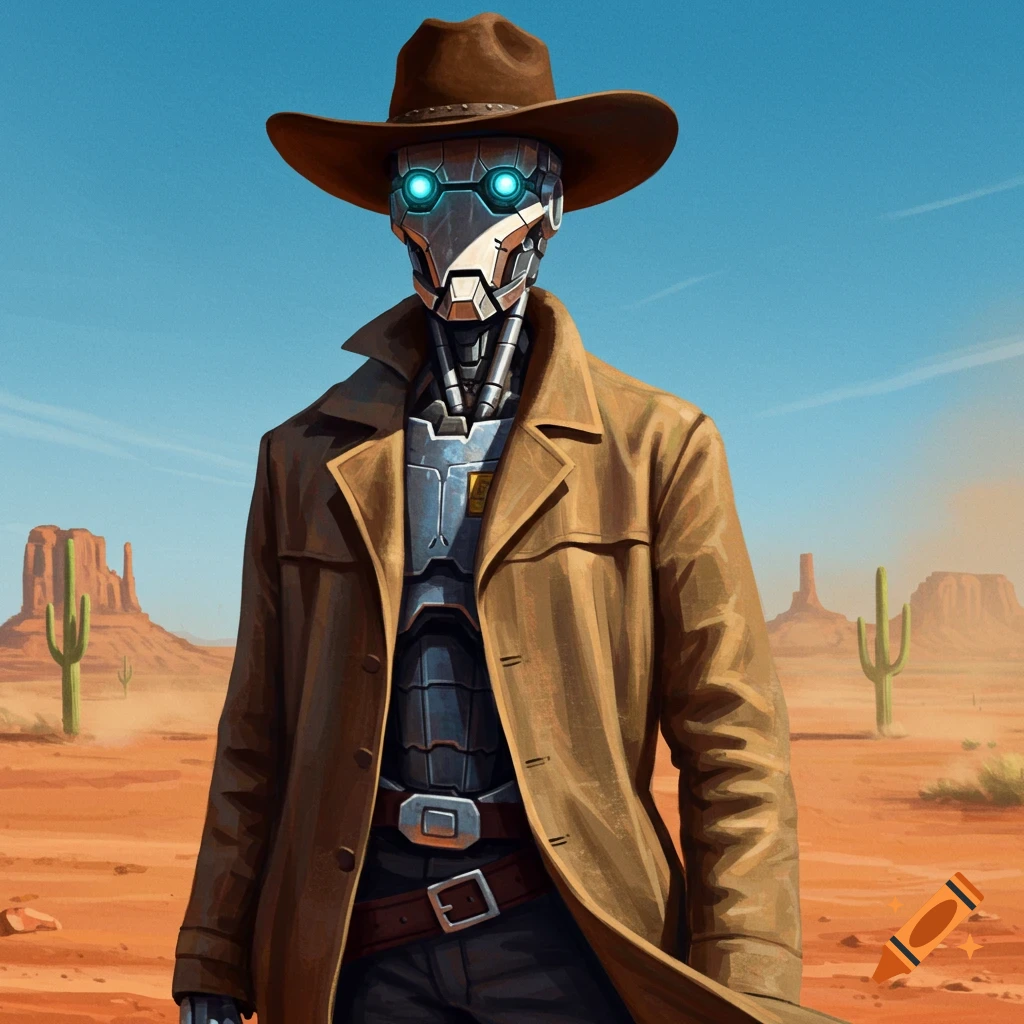 A robot wearing a cowboy hat and a duster jacket stands in a desert landscape with mesas and cacti.
