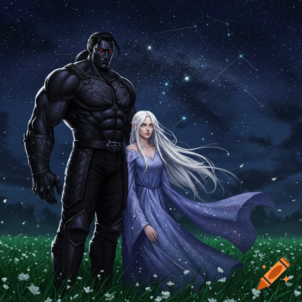 A muscular dark-skinned man with red eyes and a slender white-haired woman in a blue dress stand in a field under a starry night.