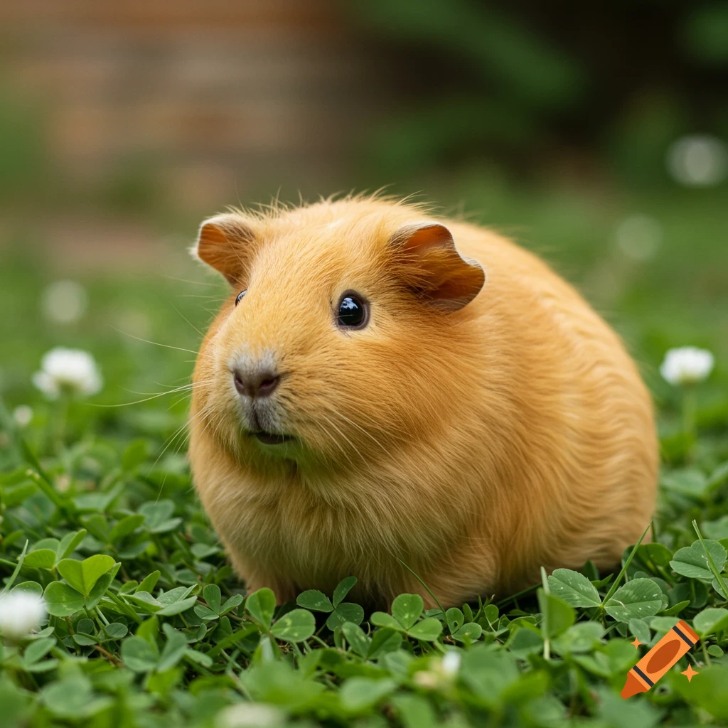 A photorealistic sand-colored guinea pig sits in green clover.