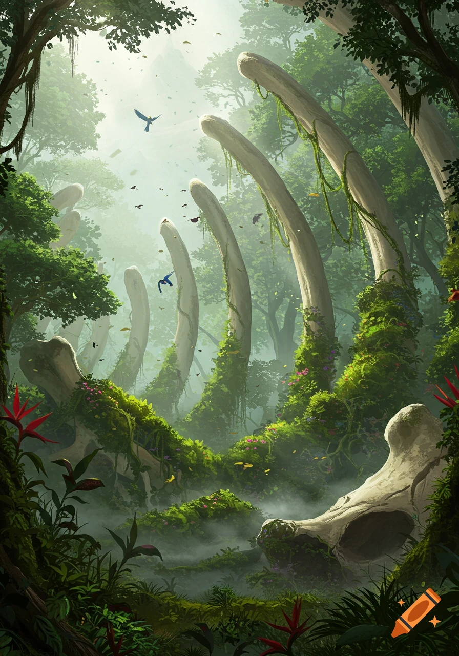 A vibrant, misty jungle grows between massive skeletal ribcages in a fantasy landscape with flying birds.