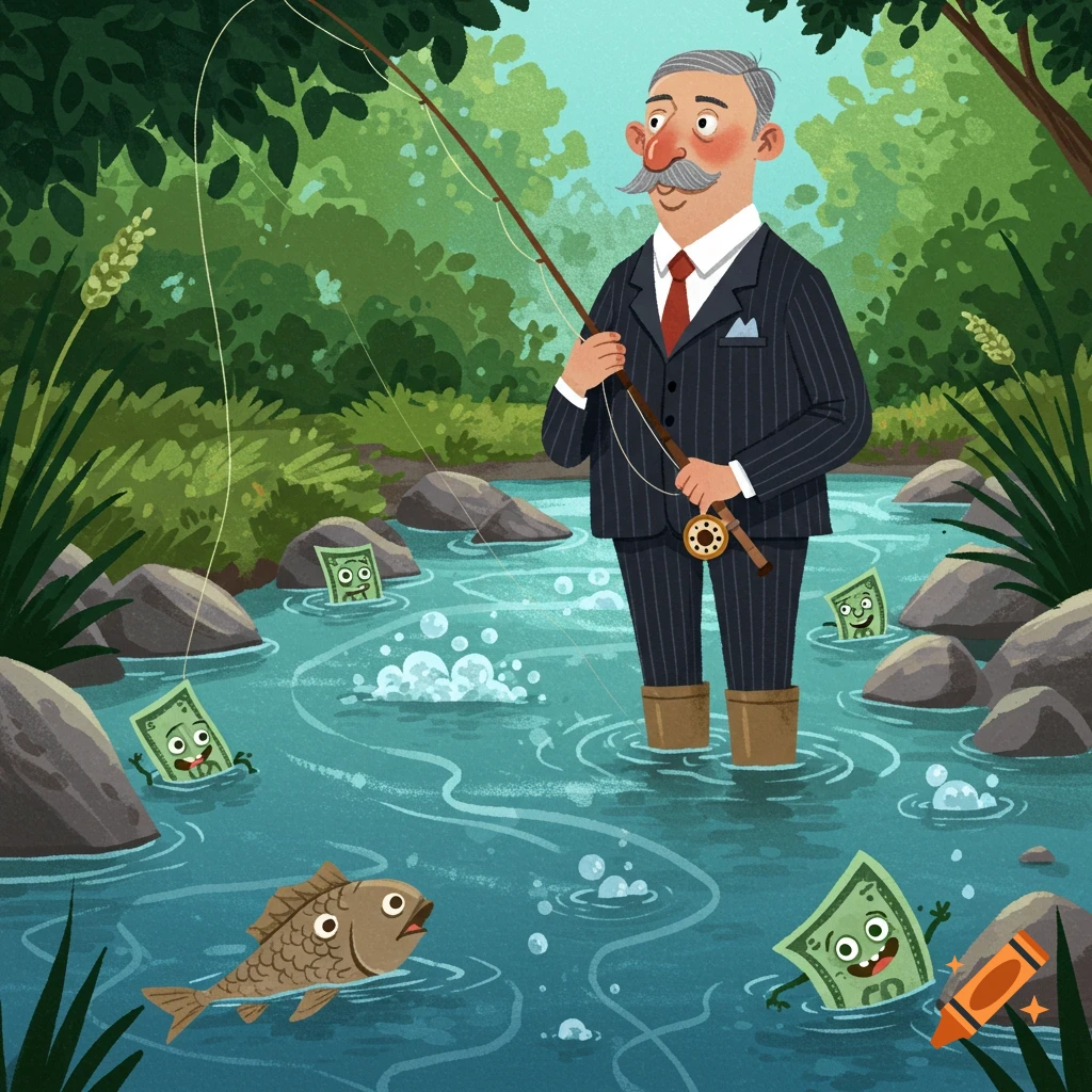 Cartoon illustration of a man in a suit fishing for dollar bills with faces in a river.