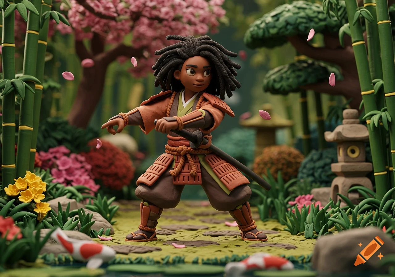 Claymation of a young black samurai girl with locs holding a katana in a Japanese garden with cherry blossoms and koi pond.
