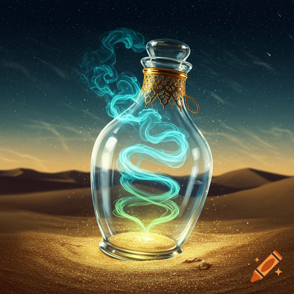 A clear ornate bottle with blue-green glowing smoke sits on sparkling sand in a desert under a starry night sky.