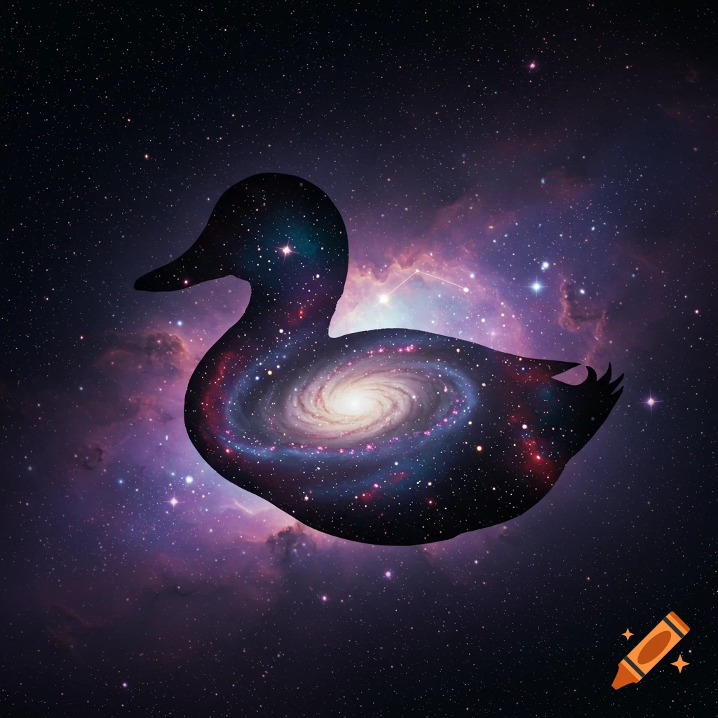 A dark silhouette of a duck filled with a spiral galaxy, set against a starry purple and blue nebula.