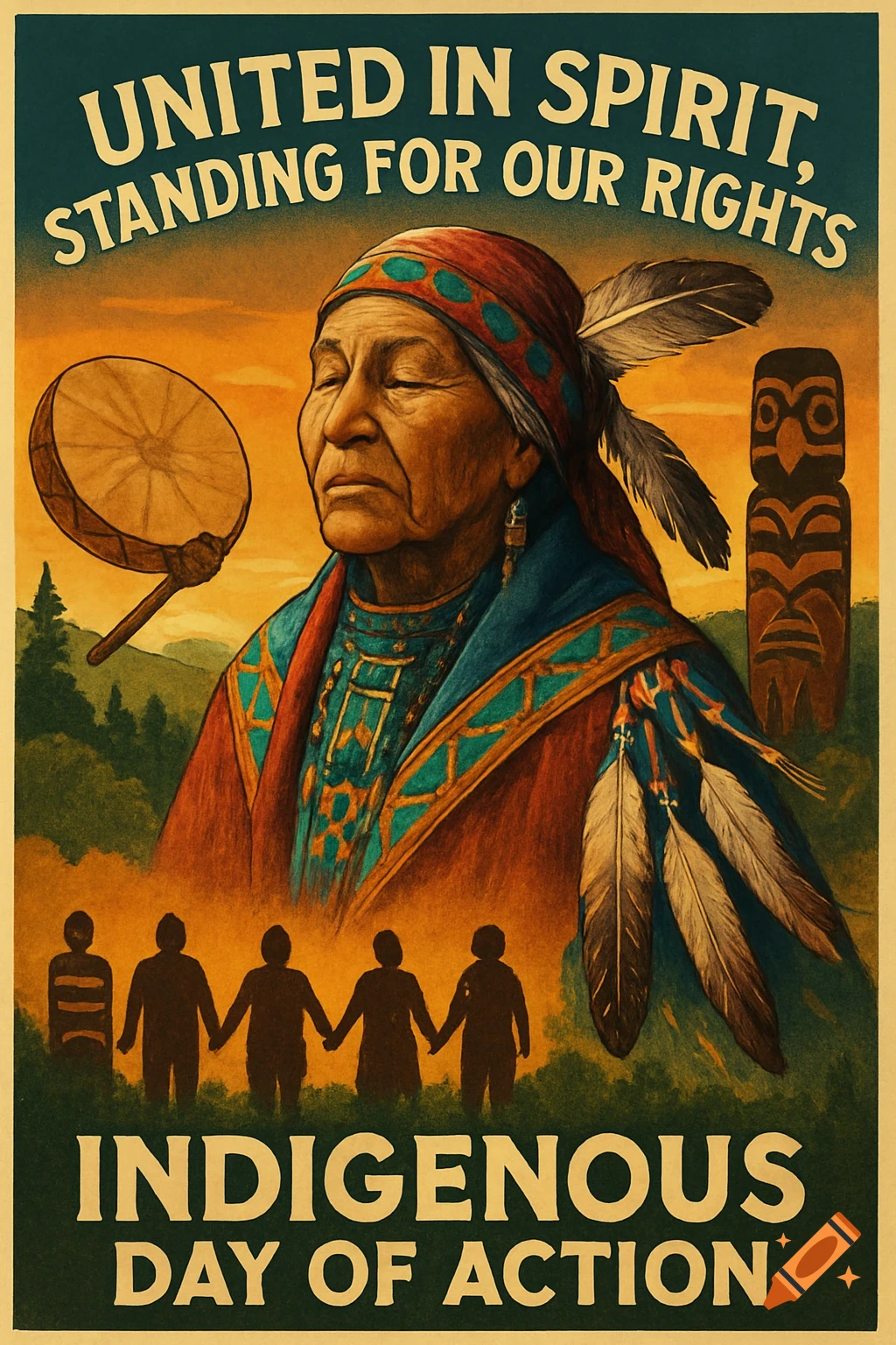 Vintage poster of an Indigenous elder, drum, totem pole, and silhouettes. Text: 'United in Spirit, Standing for Our Rights' and 'Indigenous Day of Action'.