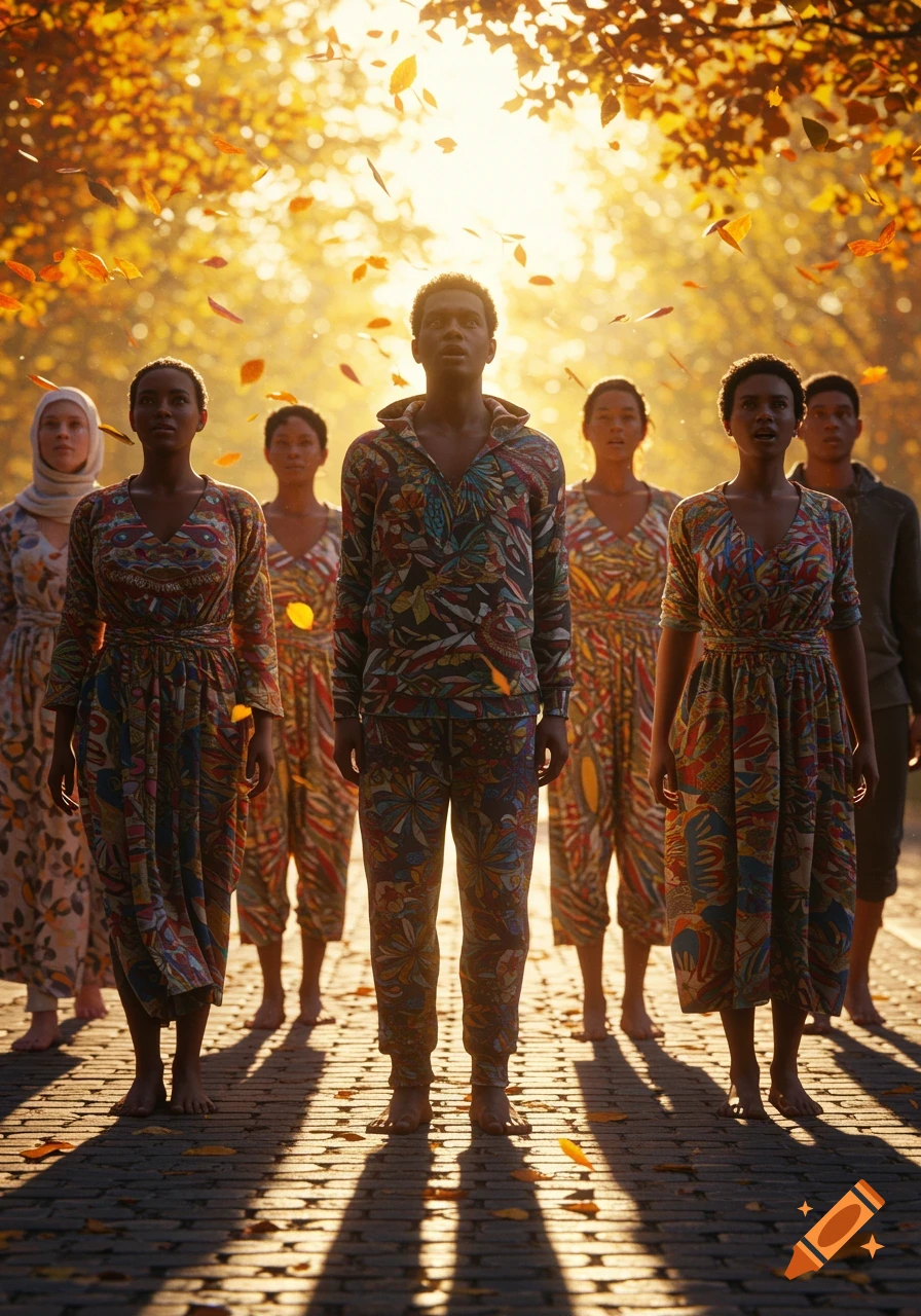 A diverse group of people stands on a path amidst falling autumn leaves, bathed in warm golden light.