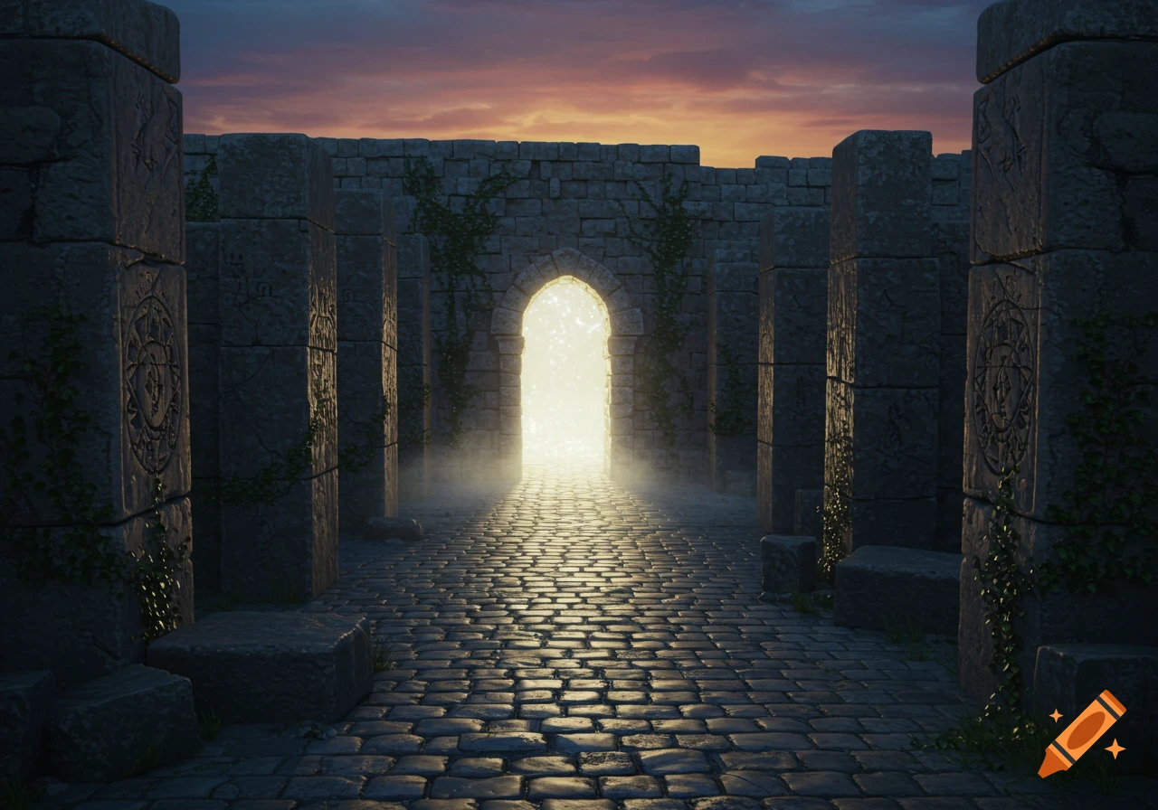 A stone pathway leads through ancient ruins towards a glowing archway at sunset.