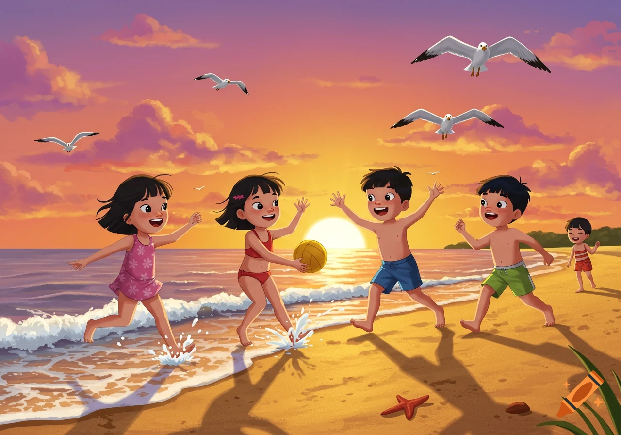 Four Asian children playing on a sandy beach at sunset with a yellow ball, seagulls flying, in a vibrant cartoon style.