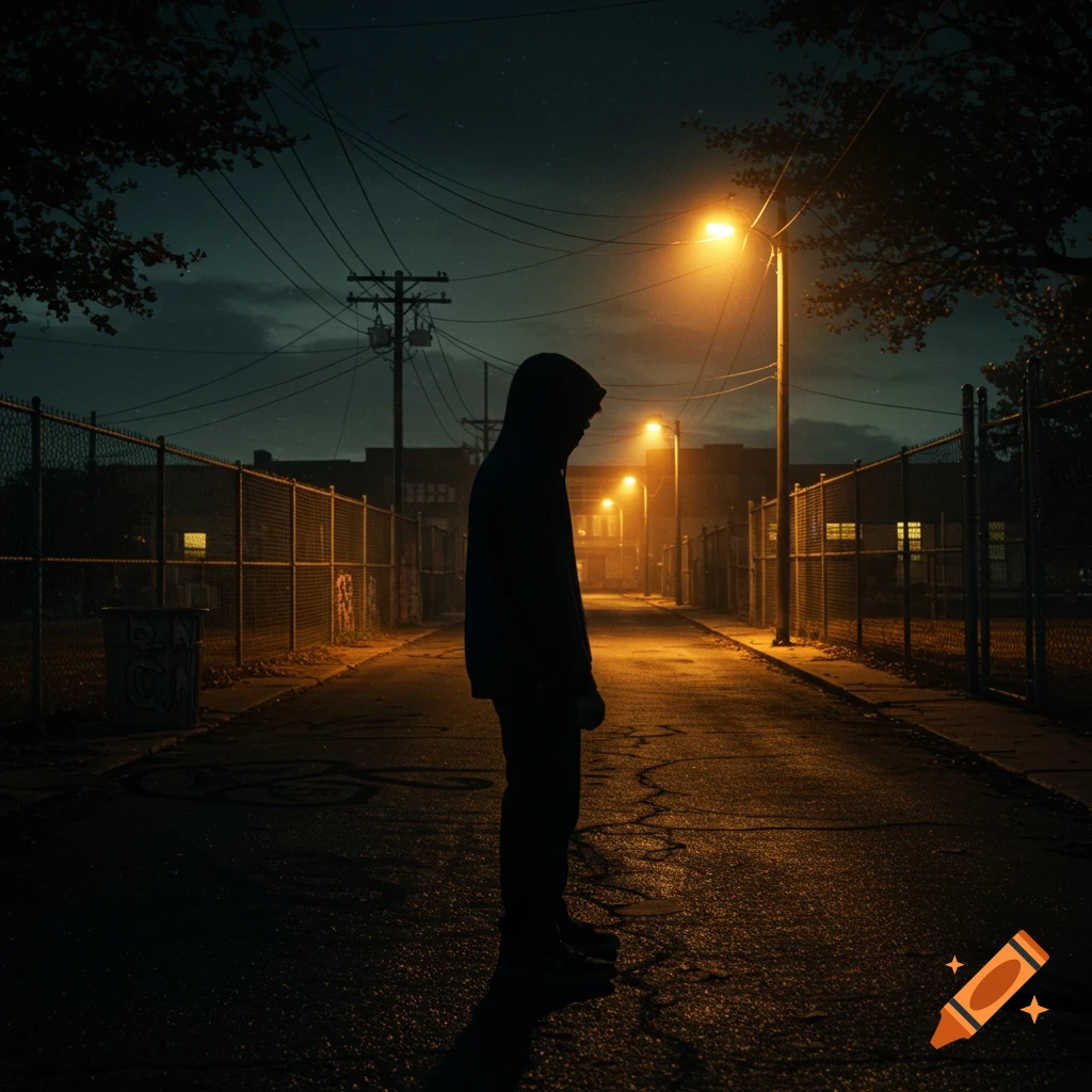 A silhouetted person in a hoodie stands alone on a dark, wet urban street at night, lit by warm amber streetlights with fences and power lines.