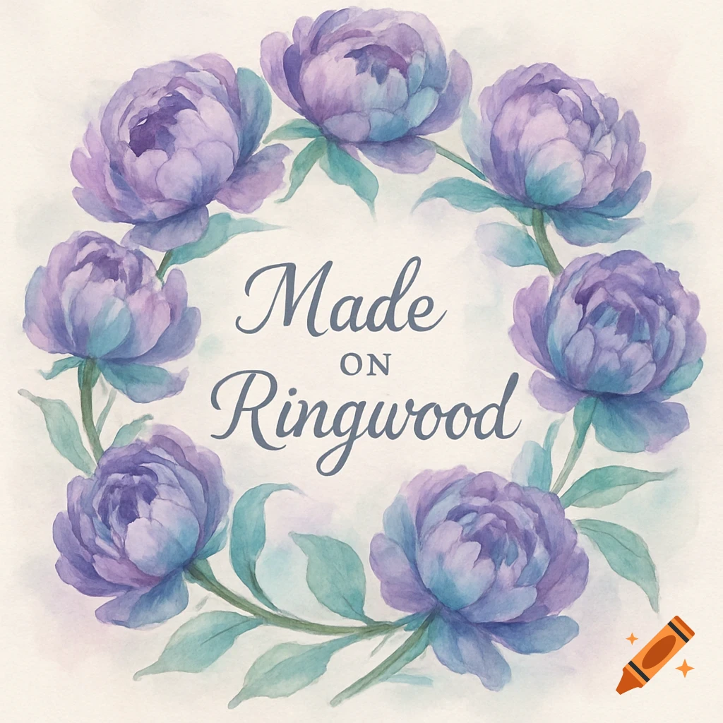 A watercolor wreath of purple and teal peonies with green leaves and stems, featuring the words 'Made on Ringwood' in the center.