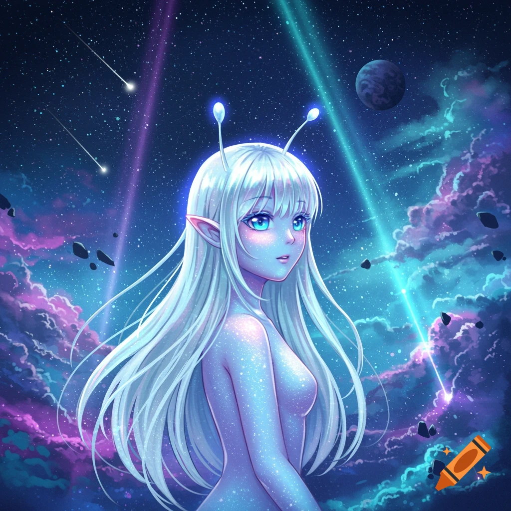 Anime alien girl with white hair and antennas in a cosmic space scene with nebulae and stars.