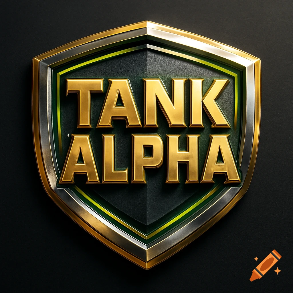 A 3D shield-shaped logo with gold and silver borders, featuring the words "TANK ALPHA" in polished gold letters on a dark green background with neon lime green accents.