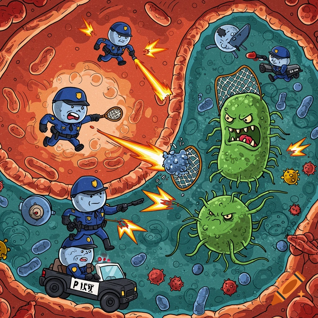 A cartoon comic depicting immune system cells as police officers fighting off green bacteria and viruses inside a body.