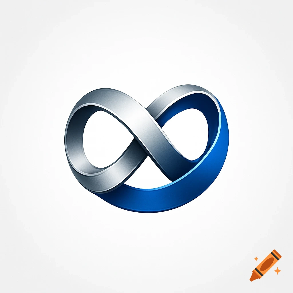 A silver and blue infinity symbol logo on a white background.