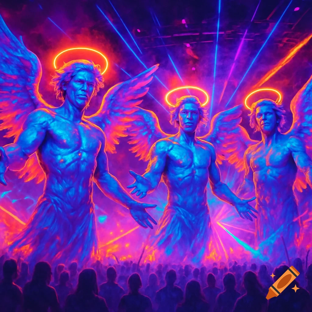 Three glowing male angels with halos and wings stand above a silhouetted crowd at a vibrant neon-lit rave.